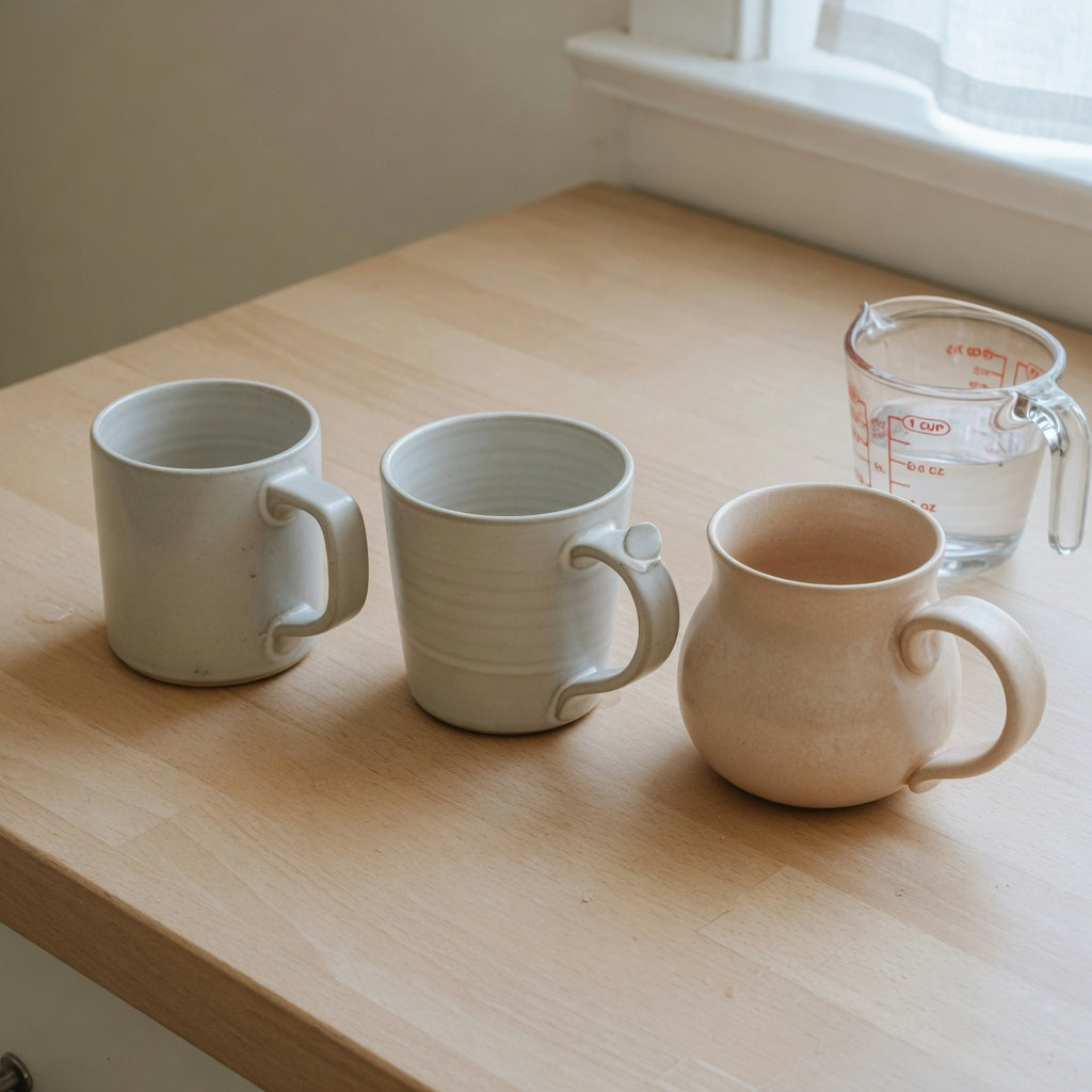Small mugs for tea in straight, tapered, and rounded ceramic shapes with different handle forms on a light kitchen counter