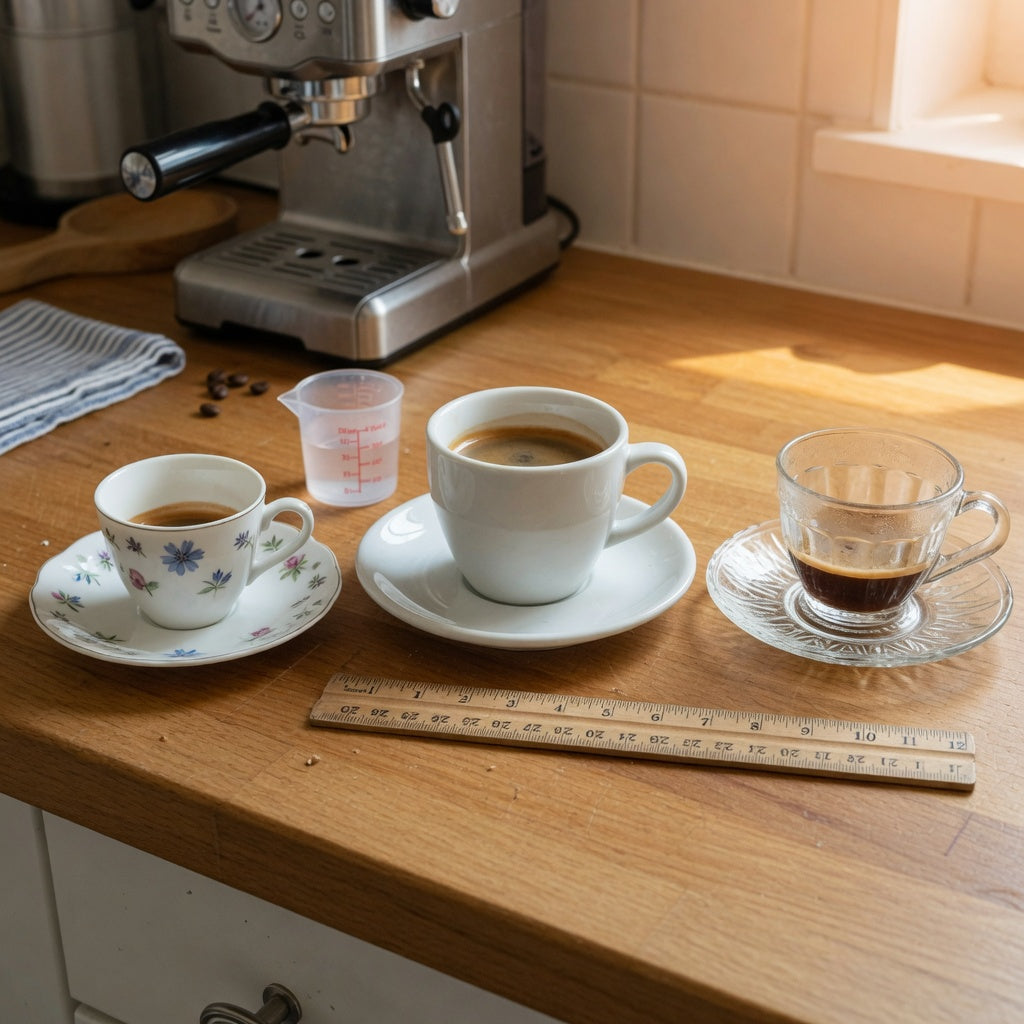 Small vintage coffee cups in porcelain, restaurant ware, and glass compared beside an espresso machine