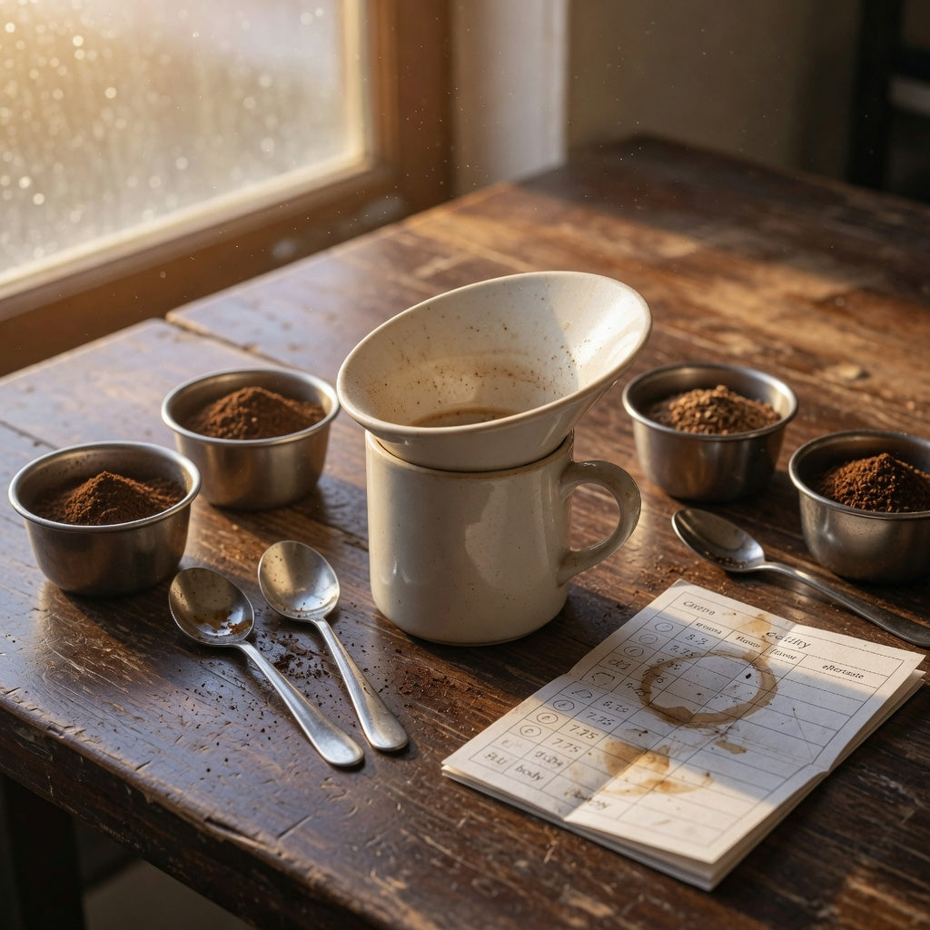 Spittoon mug gift for coffee lovers set on a wooden cupping table beside cupping spoons and bowls of ground coffee