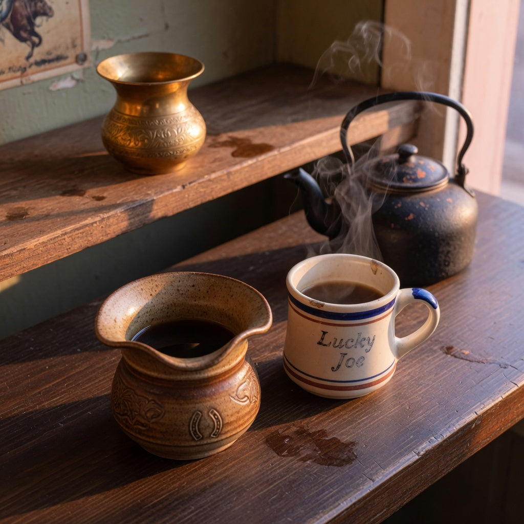 Spittoon vs mug difference shown side by side: a flared spittoon-style mug next to a classic handled coffee mug on a wooden counter