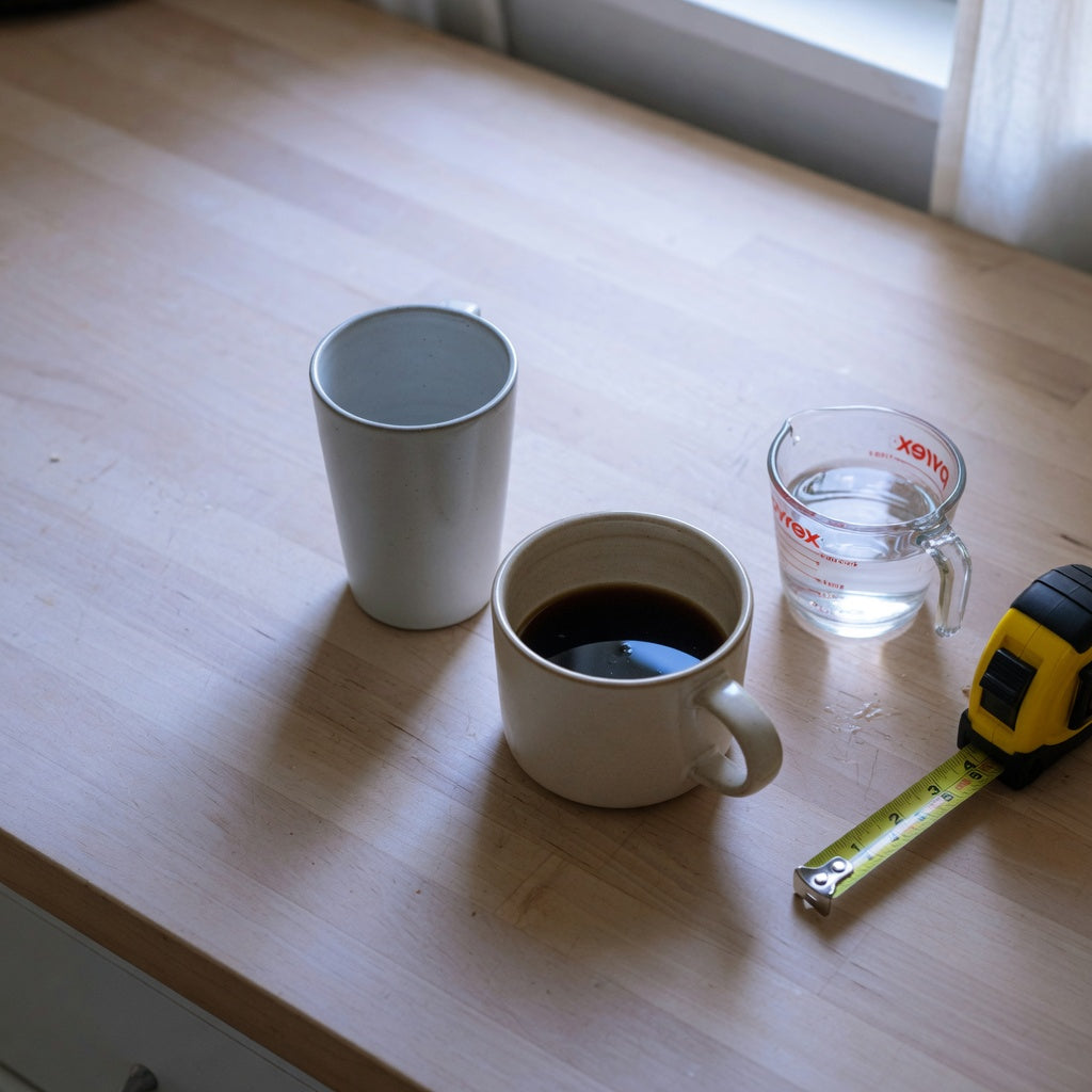 A tall ceramic coffee mug 350 ml beside a shorter wide mug, a measuring cup, and a tape measure on a kitchen counter