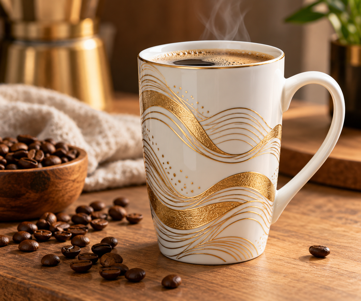 tall ceramic coffee mug white golden waves gift with elegant design