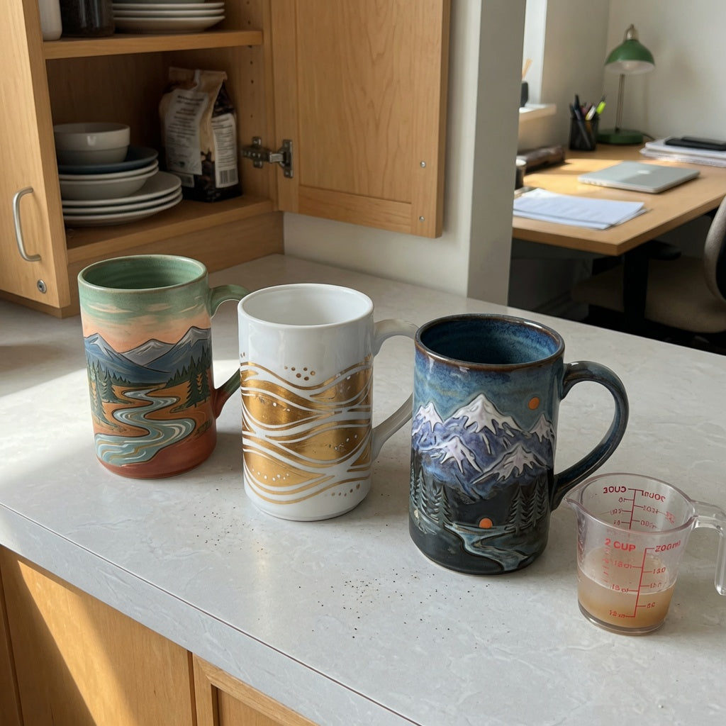 A comparison of tall ceramic coffee mugs buying priorities including capacity, handle shape, and shelf space