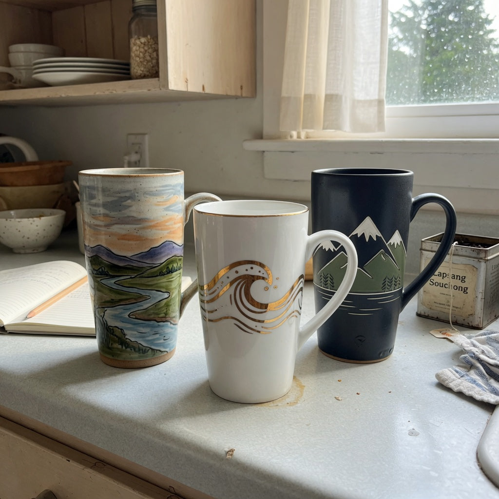 Tall ceramic coffee mugs comparison showing Landscape, White Golden Waves, and Mountain designs on a kitchen counter