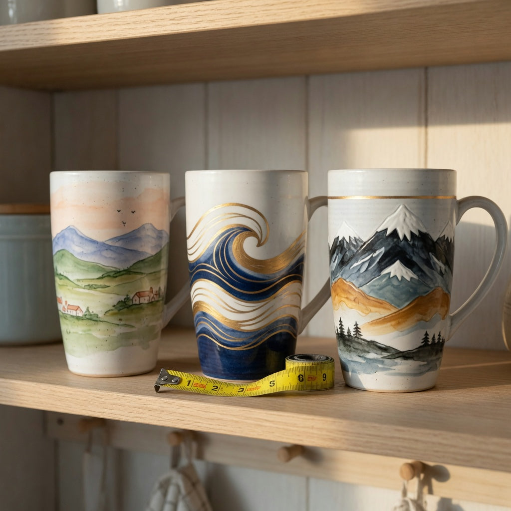 Tall ceramic coffee mugs current product facts comparison showing Landscape, White Golden Waves, and Mountain styles on an open shelf