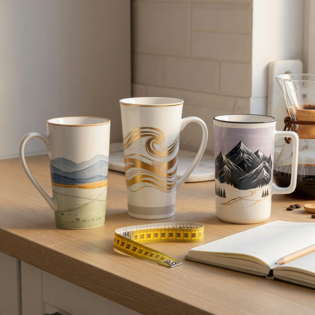 Tall ceramic coffee mugs daily use guide showing Landscape, White Golden Waves, and Mountain mugs on an office desk