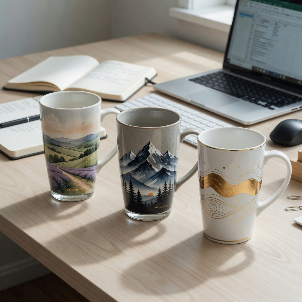 Three tall ceramic coffee mugs for desk use beside a keyboard, mouse, laptop, and notebook