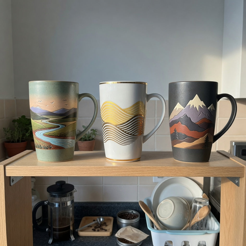 Featured display for the tall ceramic coffee mugs everyday mug rotation product shortlist guide, showing landscape, waves, and mountain designs