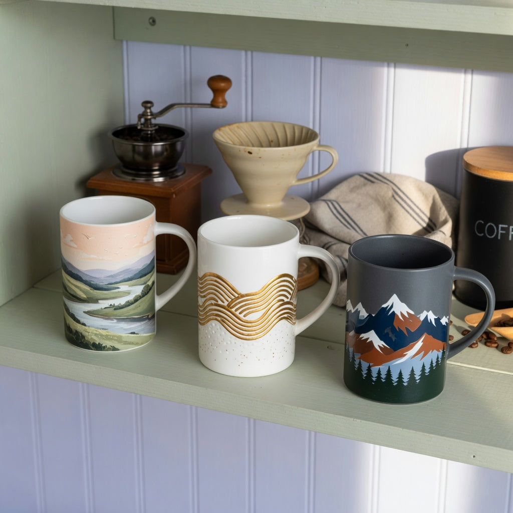 Featured image for the tall ceramic coffee mugs home coffee station product shortlist guide, showing landscape, golden-wave, and mountain designs
