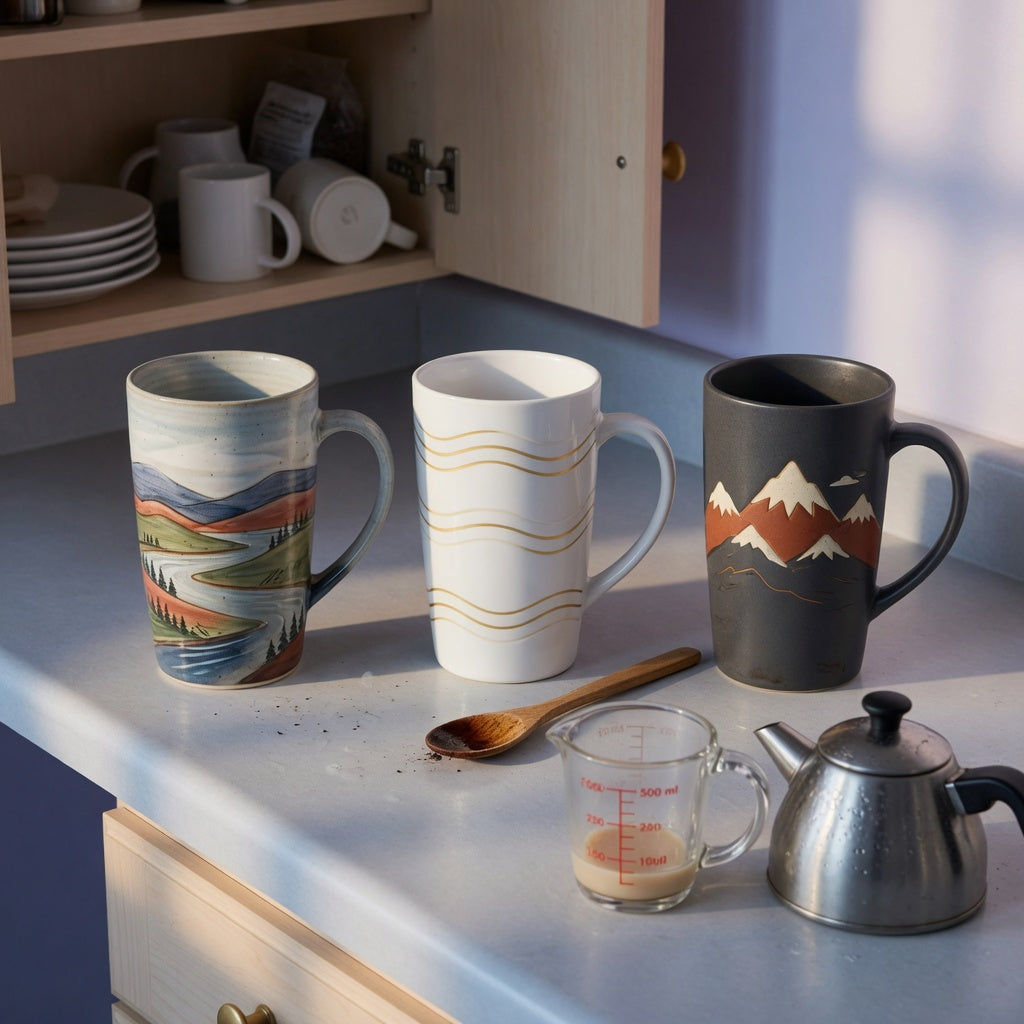 Kitchen counter setup for the tall ceramic coffee mugs morning routine practical purchase checklist, showing landscape, golden-wave, and mountain designs