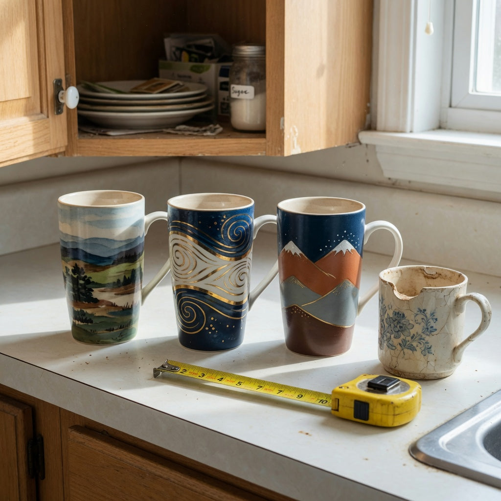 Tall ceramic coffee mugs replacement purchase practical purchase checklist with landscape, wave, and mountain options beside a chipped mug