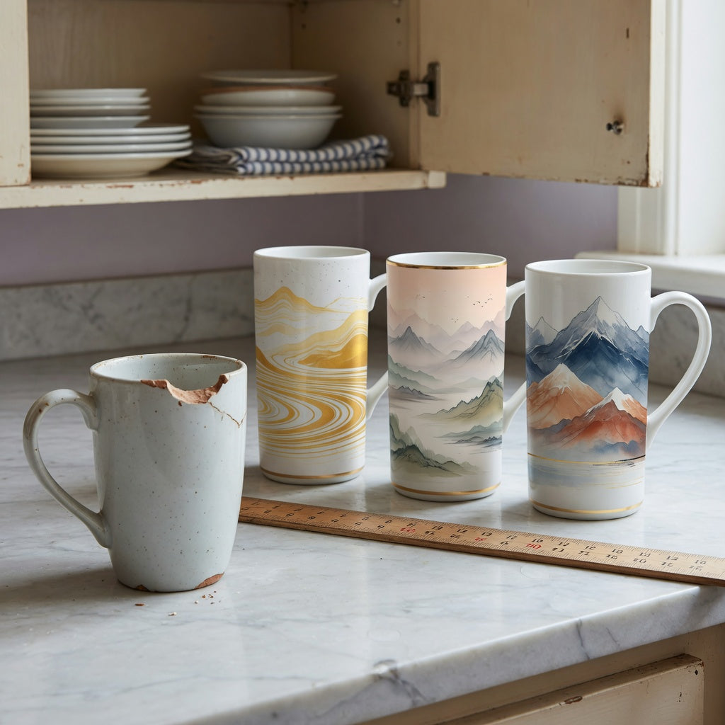 Three mugs compared for a tall ceramic coffee mugs replacement purchase product shortlist guide, with landscape, mountain, and white golden waves designs