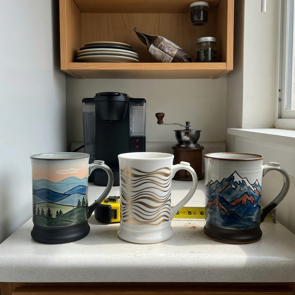 A narrow counter displaying tall ceramic coffee mugs for small coffee setup, including landscape, white-and-golden waves, and mountain designs