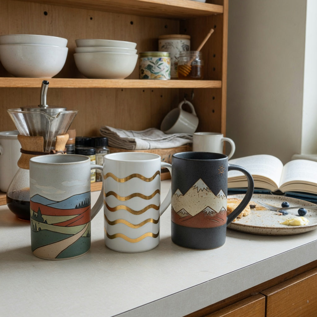 tall ceramic coffee mugs weekend coffee product shortlist guide with landscape, white golden waves, and mountain designs beside breakfast