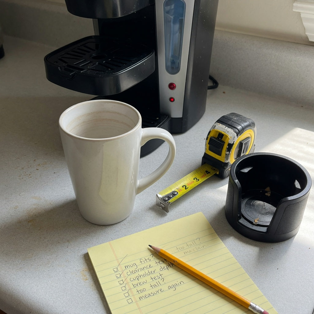 Shopper comparing fit with a tall ceramic coffee tea mug checklist, tape measure, brewer gap, and cup holder