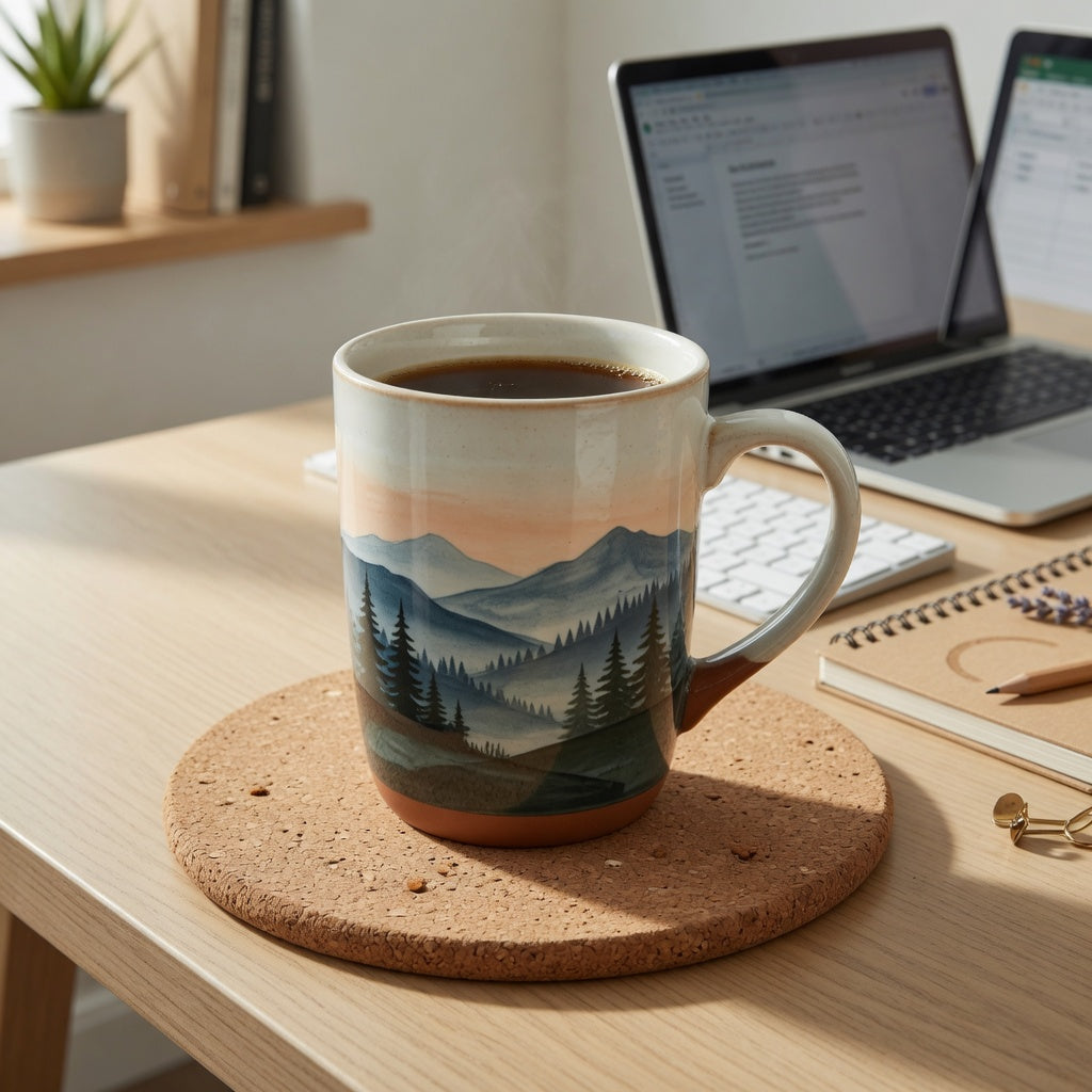 Tall ceramic mug home office setup with a landscape-style mug beside a laptop and keyboard