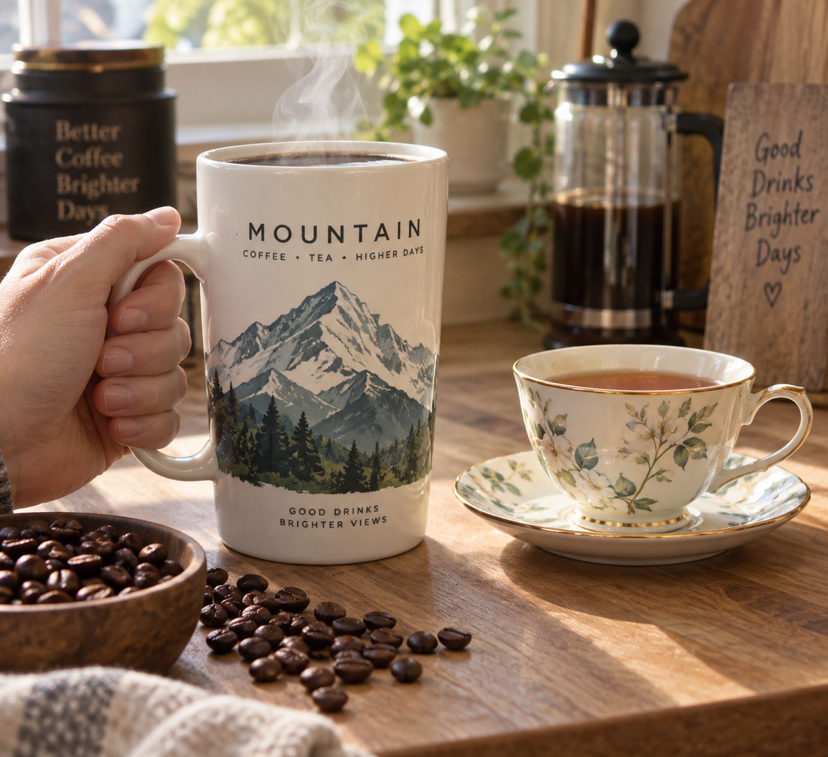 Tall coffee and tea mug comparison showing different handle designs and sizes for coffee versus tea