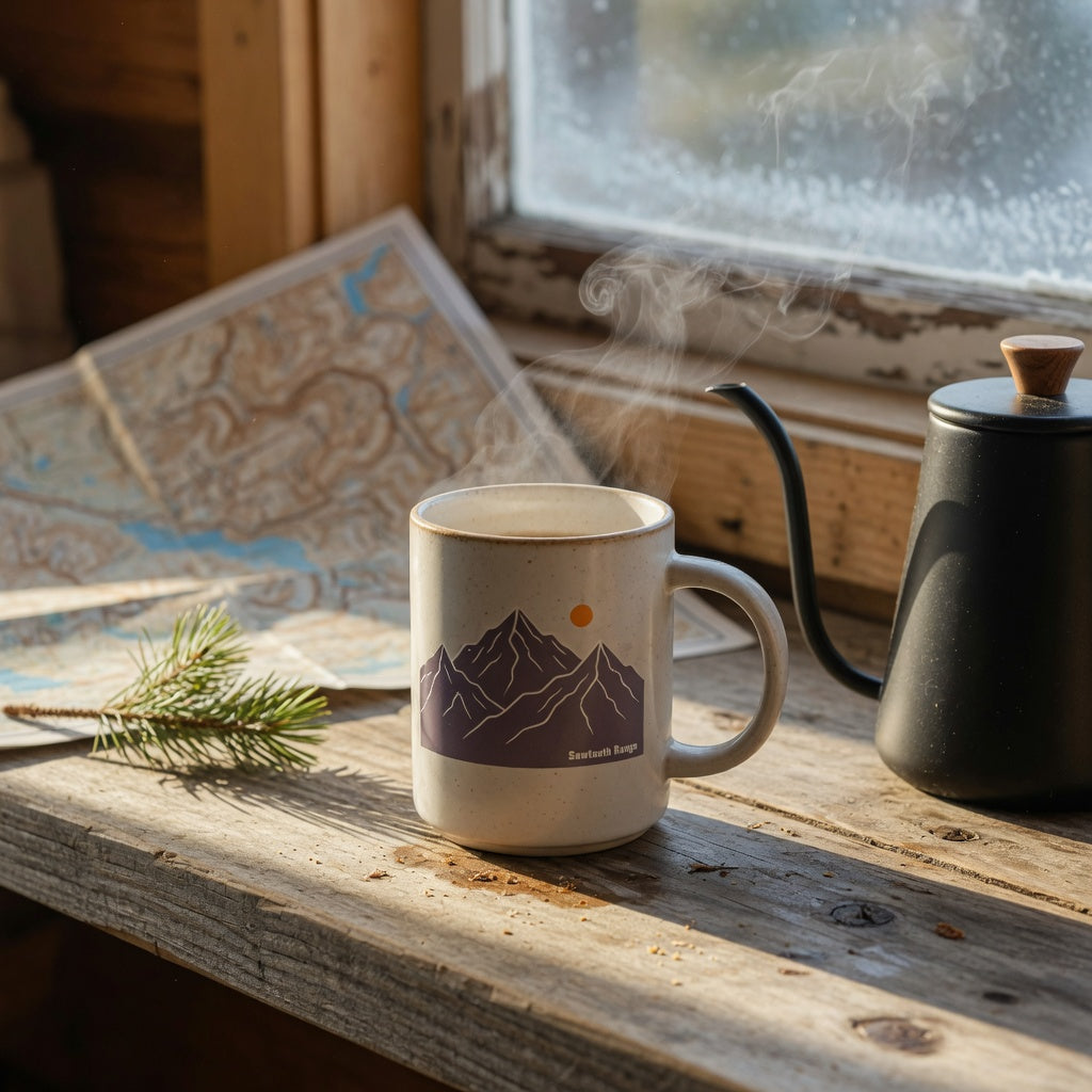 Tall coffee and tea mug mountain gift — tall ceramic mug with a mountain scene on a wooden cabin counter