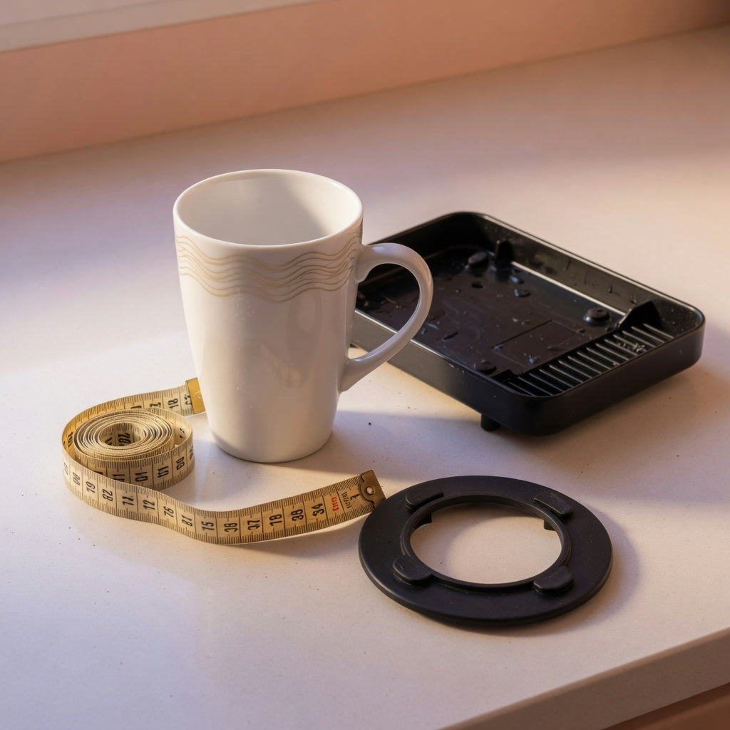 Tall coffee mug buying checklist in action: measuring a tall white mug beside a tape, a drip tray, and a car cup-holder ring on a kitchen counter