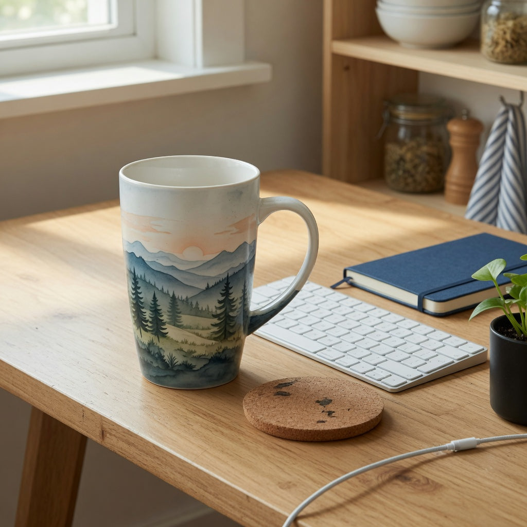 Tall coffee mug for desk and home decor beside a keyboard, notebook, and plant