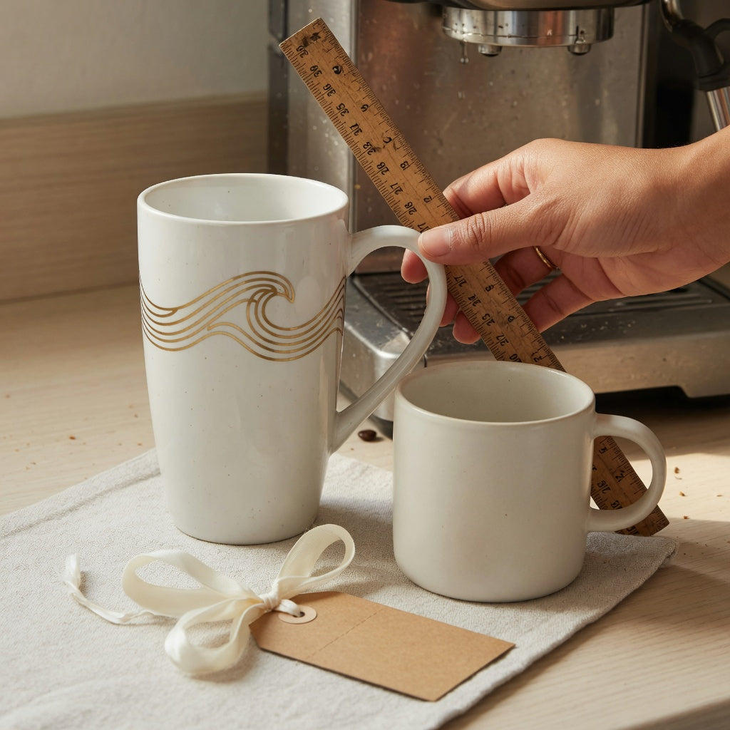 Tall coffee mug gift ideas compared using a ruler, machine clearance, and a wrapped white mug with a golden wave design