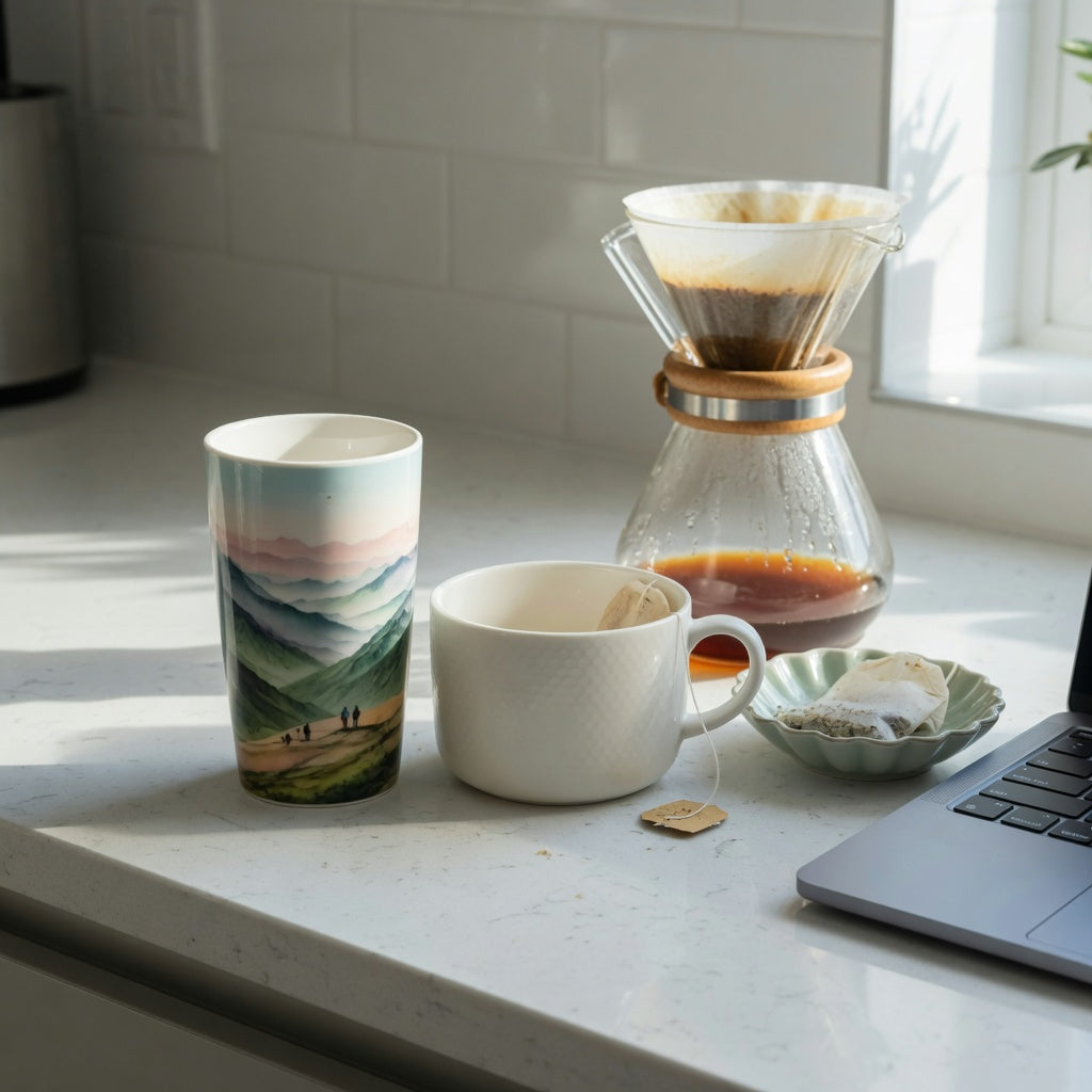 Tall coffee mug vs tea mug comparison on a kitchen counter showing height, rim width, and everyday desk fit