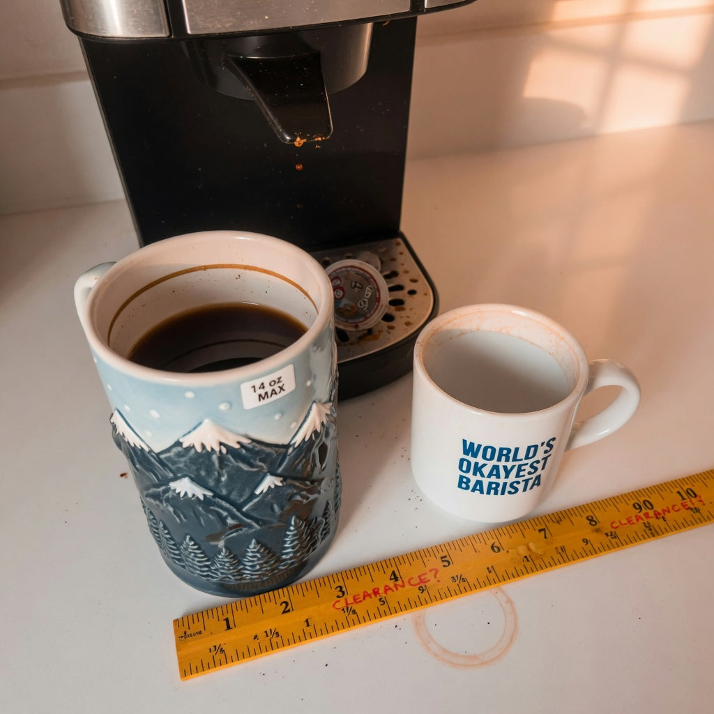 Tall mountain coffee mug comparison: sculpted-relief mountain mug filled to its practical fill line beside a ruler and a standard 12 oz mug on a kitchen counter, with a single-serve brewer spout behind