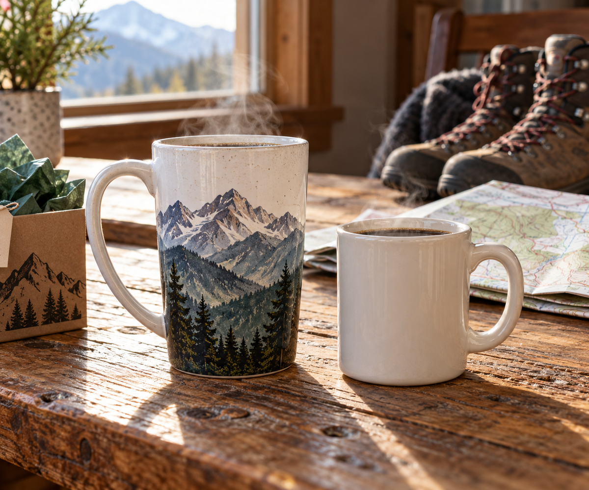 Tall mountain coffee mug gift beside a standard diner mug to show the height and capacity difference