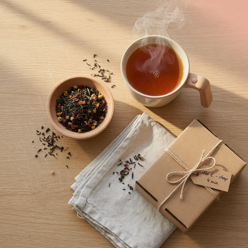 Tea cup with wooden handle gift beside a kraft gift box on a light oak kitchen counter, steam rising from amber tea