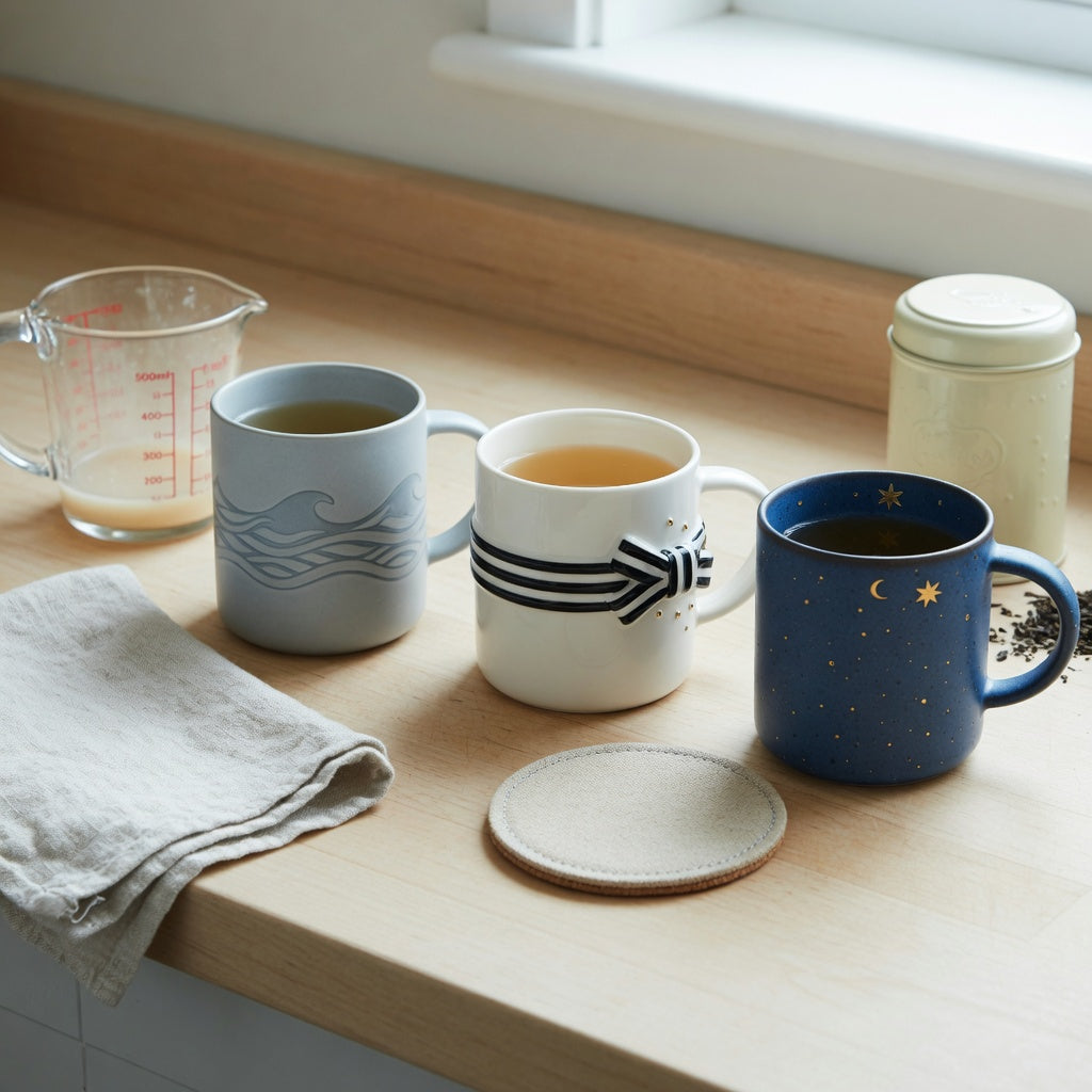 Tea mug gift ideas represented by three ceramic mug styles with wave, fashion, and celestial cues on a kitchen counter