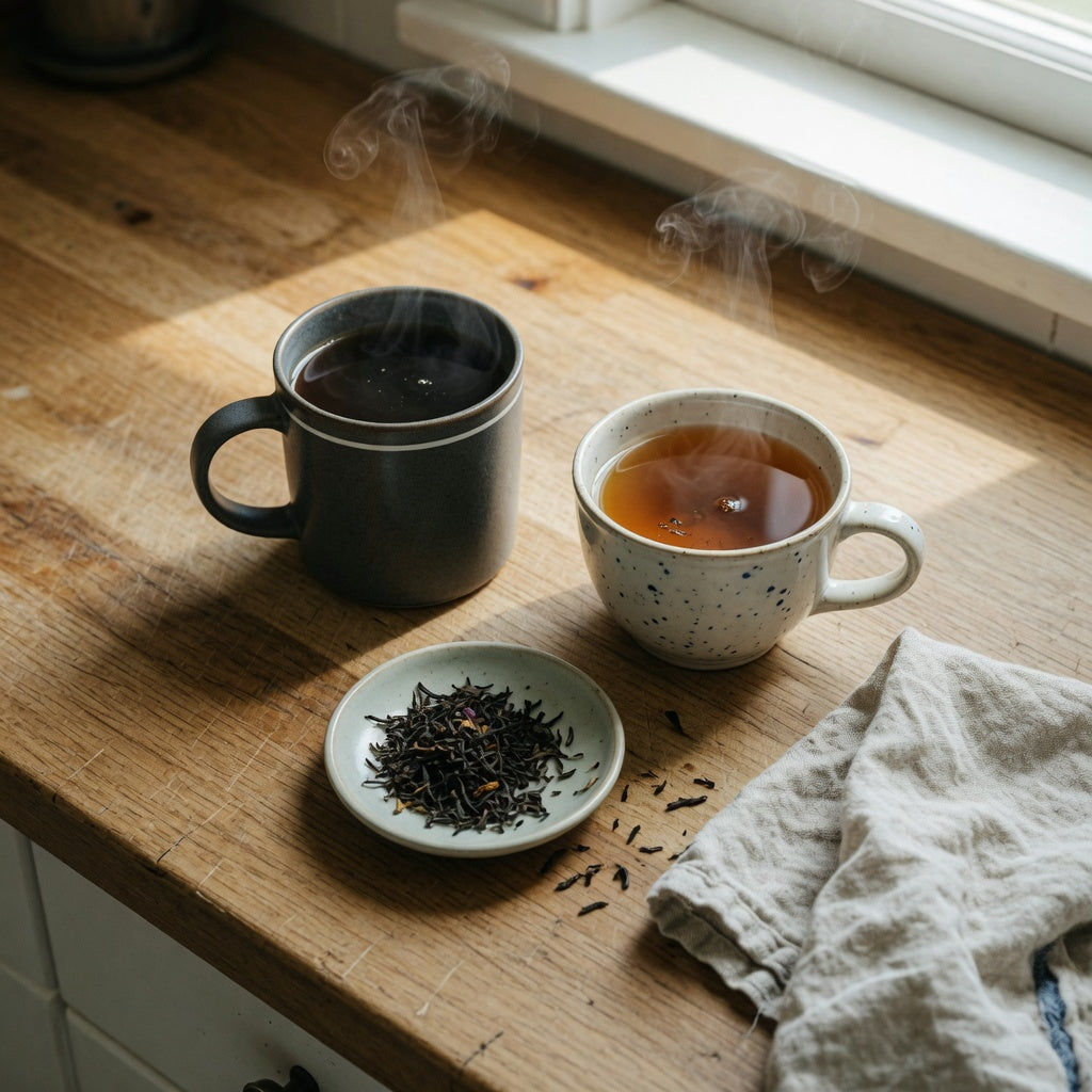 Tea mug vs coffee mug size and shape comparison: a tall ceramic coffee mug beside a shorter, wider ceramic tea mug on a kitchen counter.