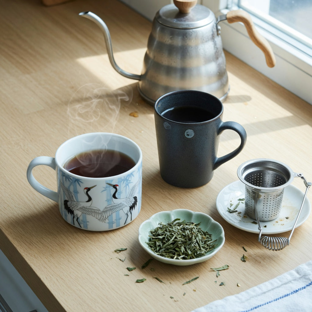 Tea mug vs coffee mug differences crane comparison: a wide-rimmed crane-print tea mug beside a taller stoneware coffee mug on a kitchen counter