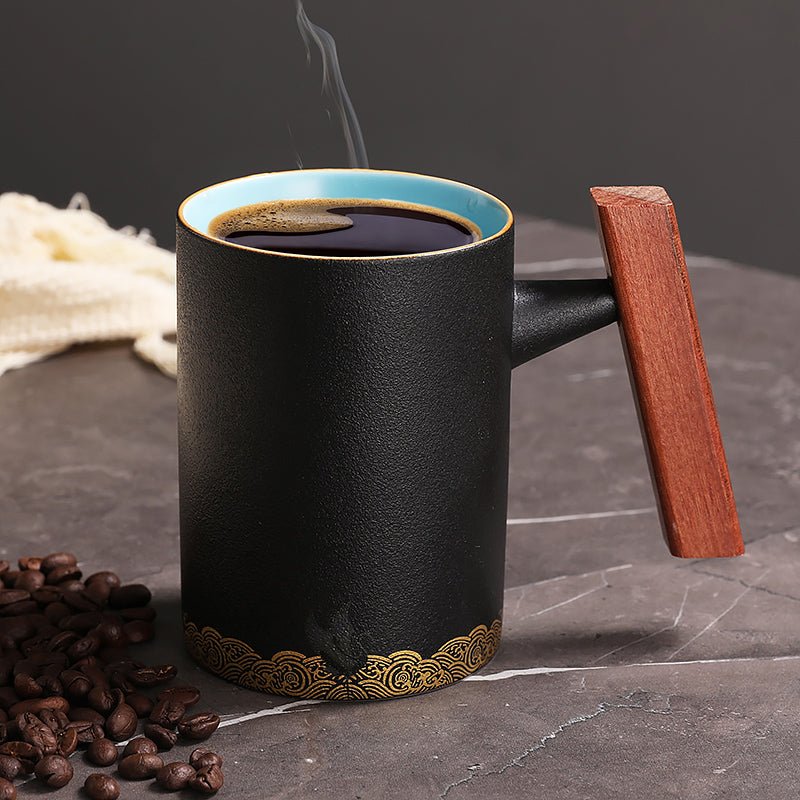 Unique design coffee mugs for desk use beside a keyboard, mouse, notebook, and footprint ruler