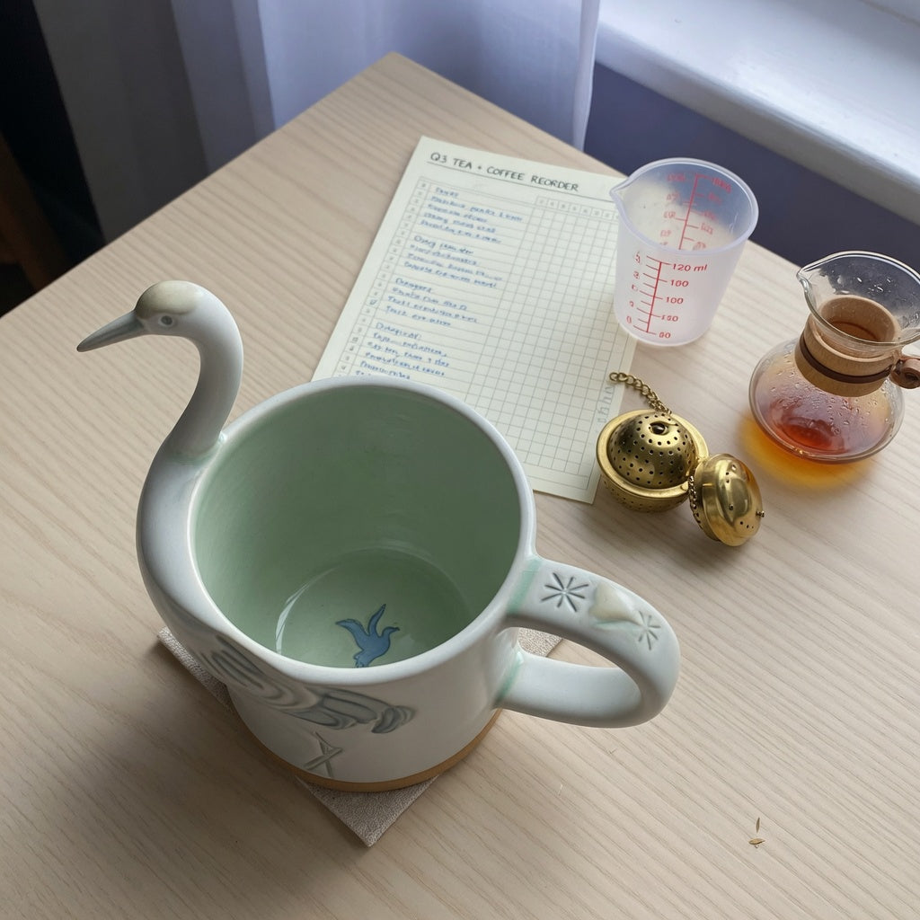 The crane coffee tea mug buying checklist beside a 400 ml crane-design ceramic mug on a home-office desk