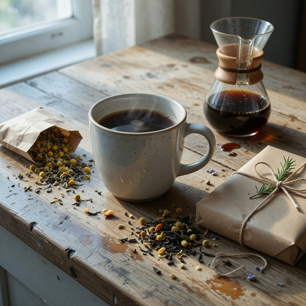 The Flow coffee mug tea gift, a large ceramic mug on a kitchen counter beside tea and coffee