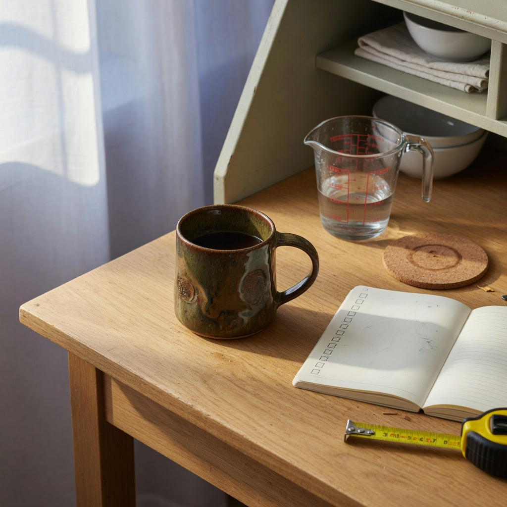 Home-office scene for the flow coffee tea mug buying checklist with a 400 ml sculptural ceramic mug, measuring jug, coaster, and notebook