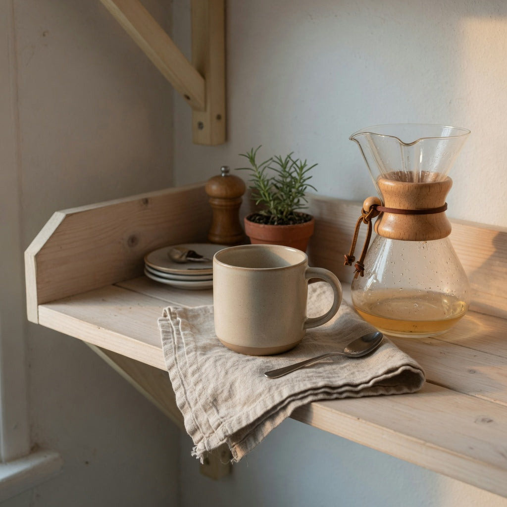 the flow coffee tea mug for coffee lovers home decor on an open kitchen shelf beside a pour-over carafe