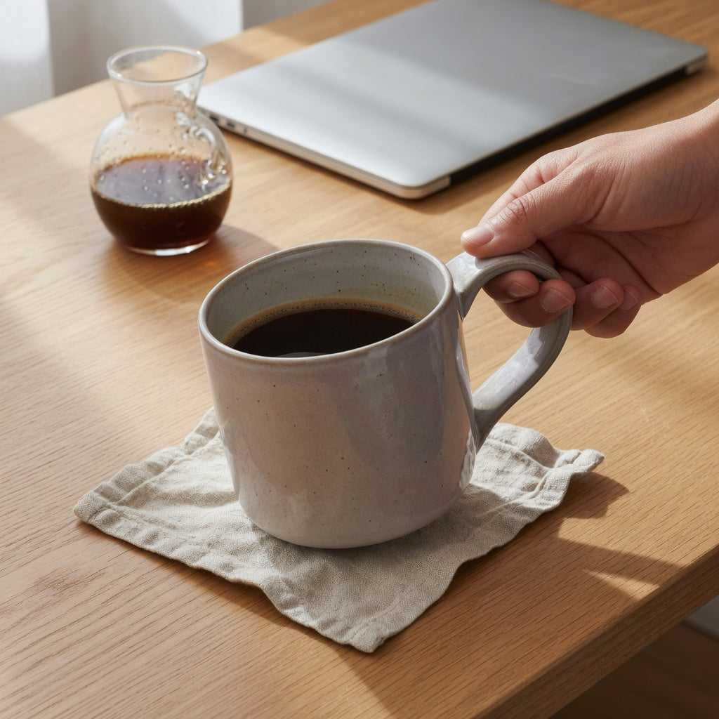 the flow mug ceramic coffee tea held above a light oak desk with visible rim headspace