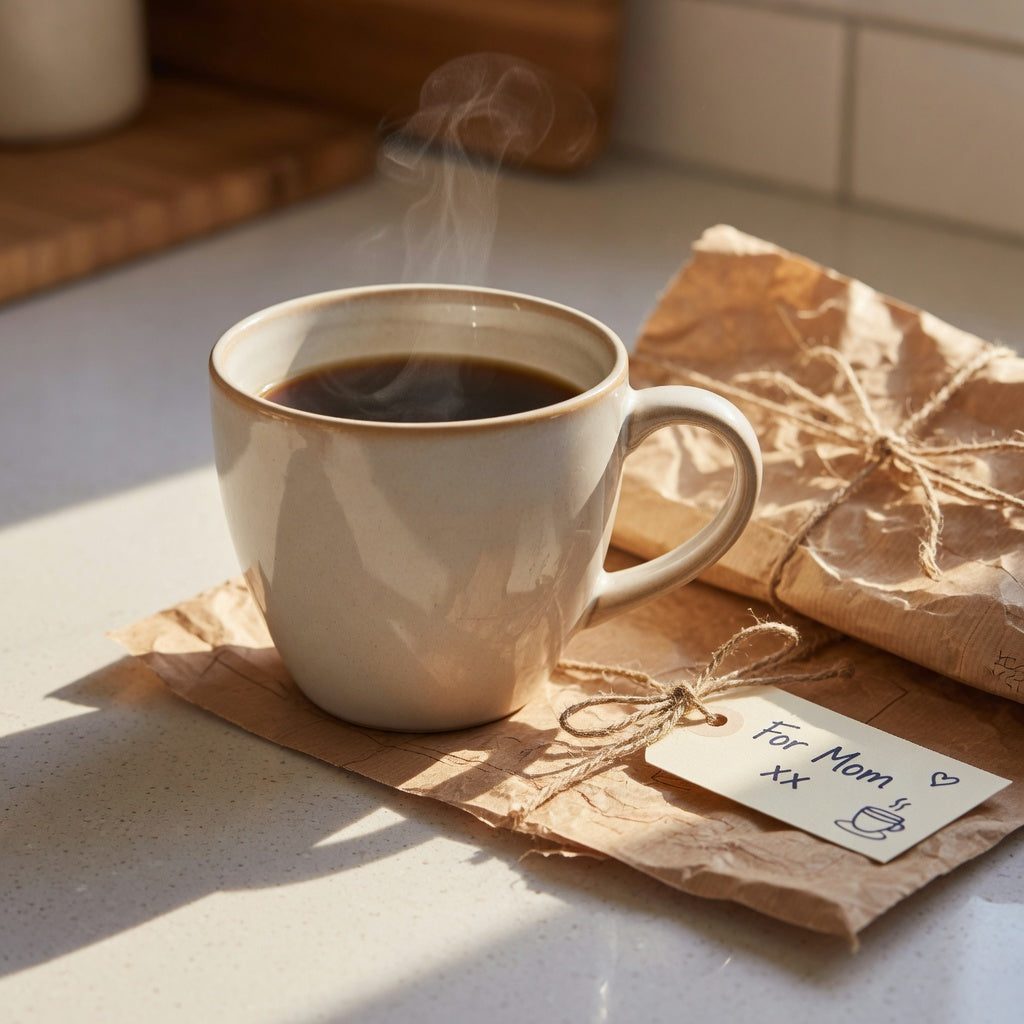 The Flow mug gift on a kitchen counter: a large ceramic coffee mug beside kraft gift wrap and twine