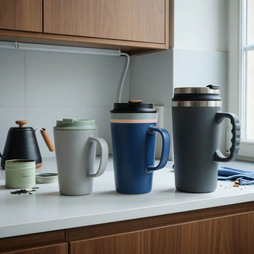 herbal tea mug compact kitchen product shortlist guide showing 400 ml, 440 ml, and 480 ml mugs on a narrow counter