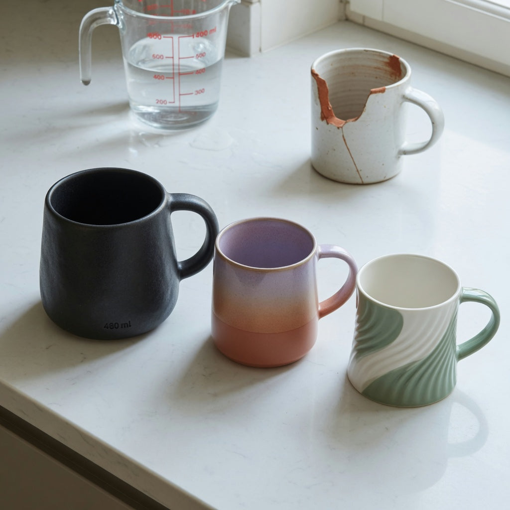 A hot cocoa mug replacement purchase product shortlist guide comparing one 480 ml mug with two 400 ml mugs on a kitchen counter
