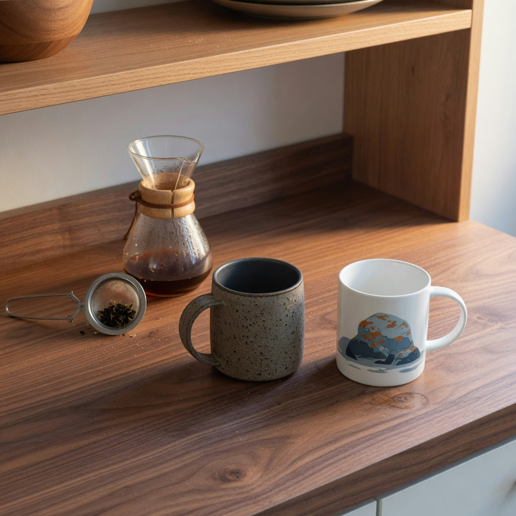Open kitchen shelf showing the rock coffee tea mug for coffee lovers home decor beside a scenic printed mug