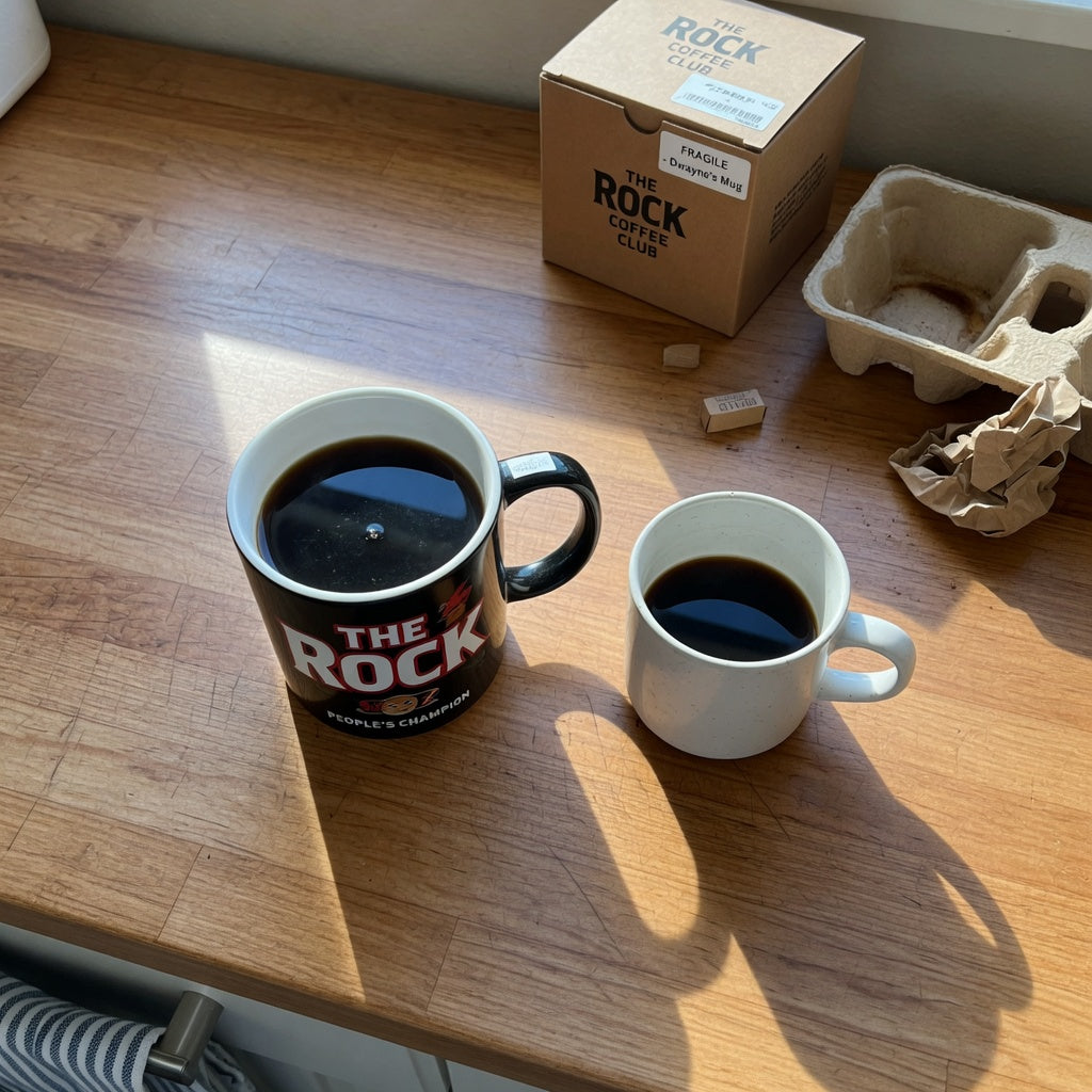 The Rock mug buying guide size comparison: 480 ml ceramic mug beside a standard 11 oz coffee mug on a kitchen counter