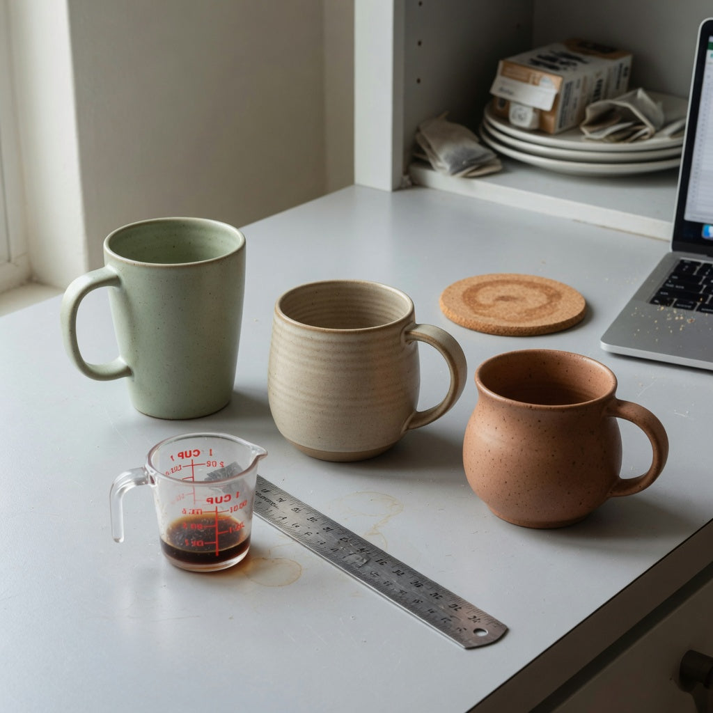 Thick ceramic coffee mugs buying priorities shown with three mug shapes beside a measuring cup, ruler, laptop, and cabinet shelf