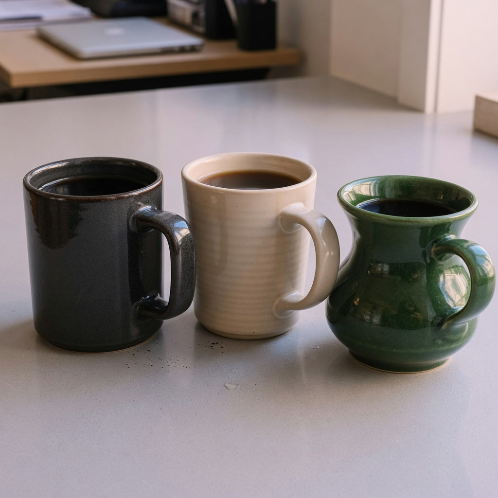 Thick ceramic coffee mugs current product facts comparison showing The Rock, The Flow, and Spittoon mug shapes side by side