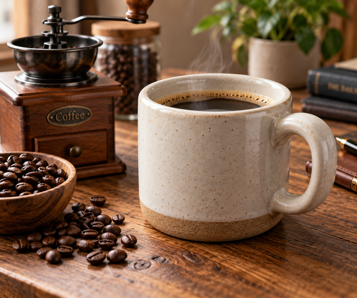 thick ceramic coffee mugs gift displayed on a kitchen counter with coffee