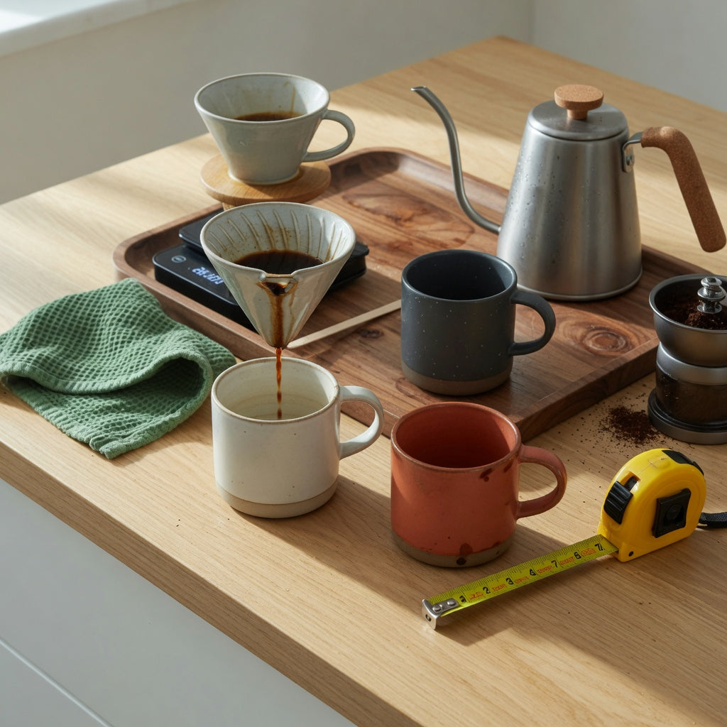 Thick ceramic coffee mugs home coffee station practical purchase checklist shown with a scale, pour-over dripper, and tape measure