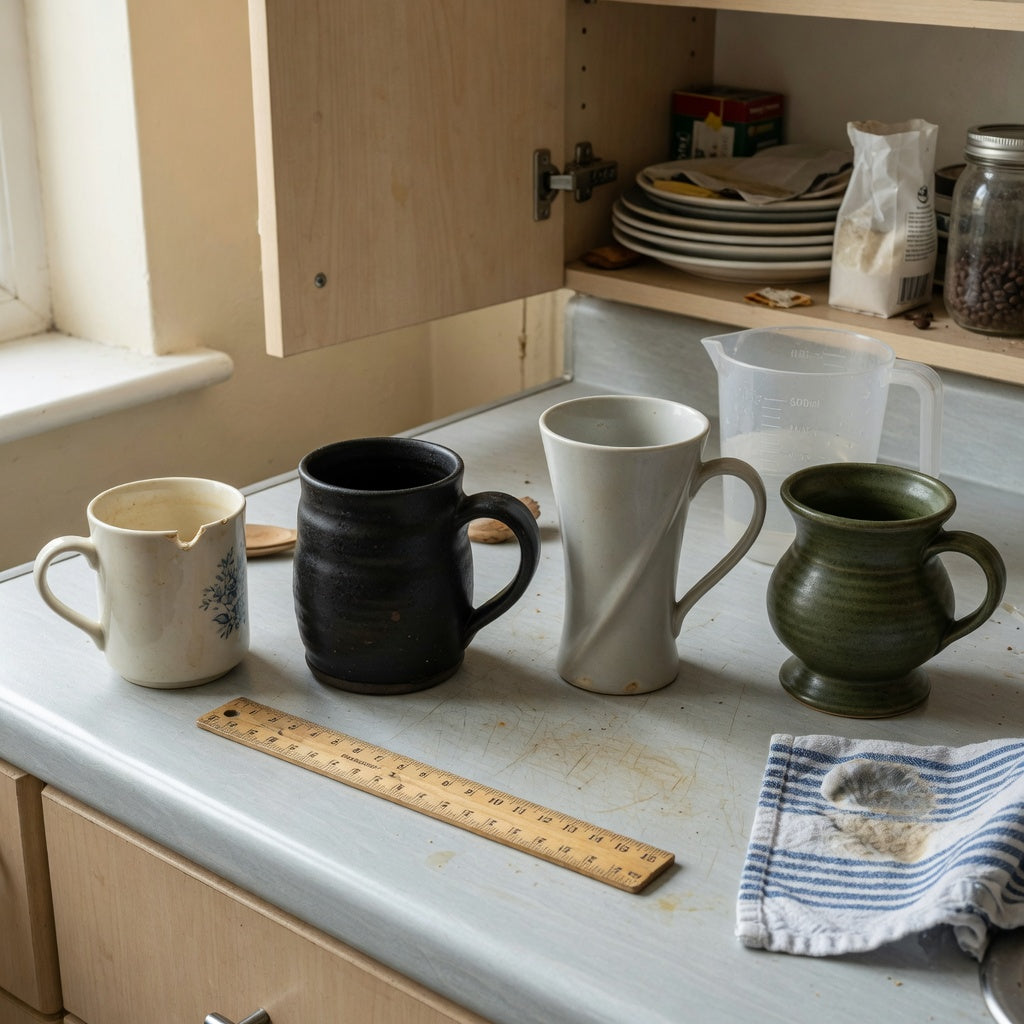 Thick ceramic coffee mugs replacement purchase product shortlist guide comparing The Rock, The Flow, and Spittoon beside a chipped old mug
