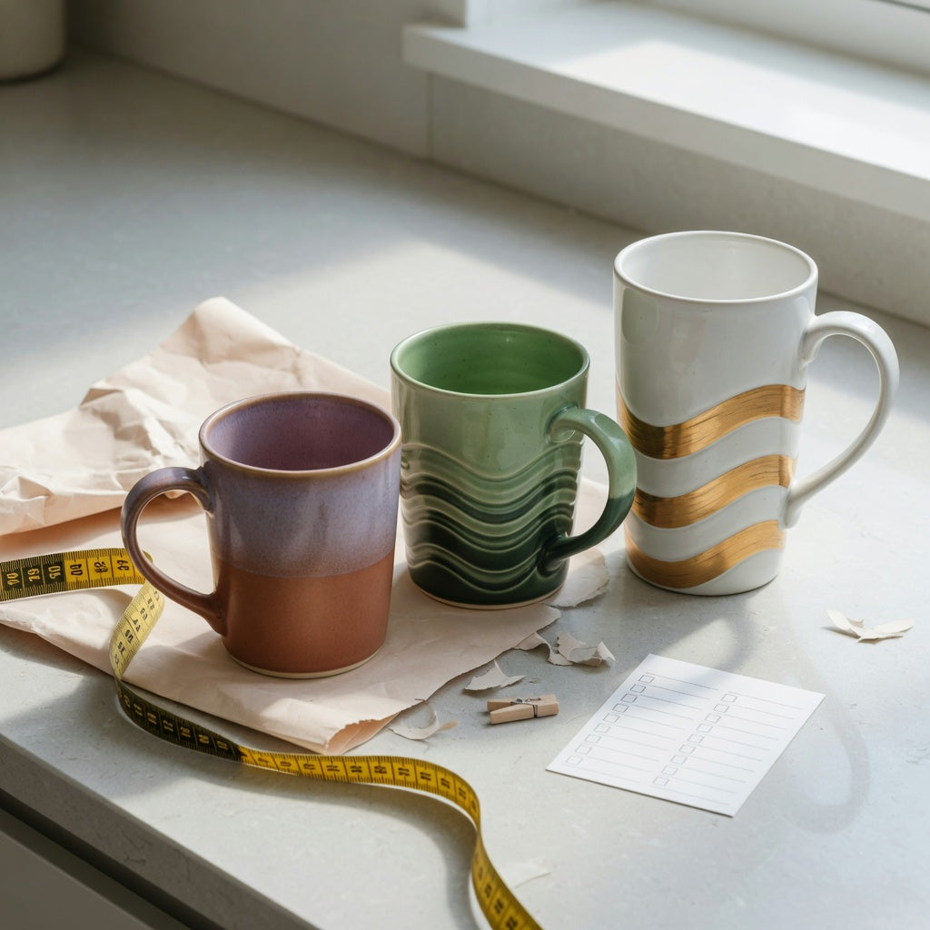 Two tone ceramic coffee mugs gift choice practical purchase checklist with gradient, green wave, and tall white-golden wave mugs