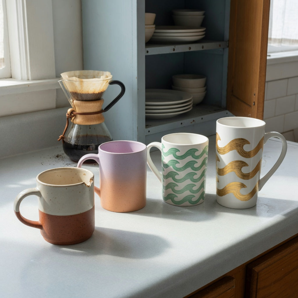 two tone ceramic coffee mugs replacement purchase product shortlist guide showing gradient, green waves, and tall white golden waves styles